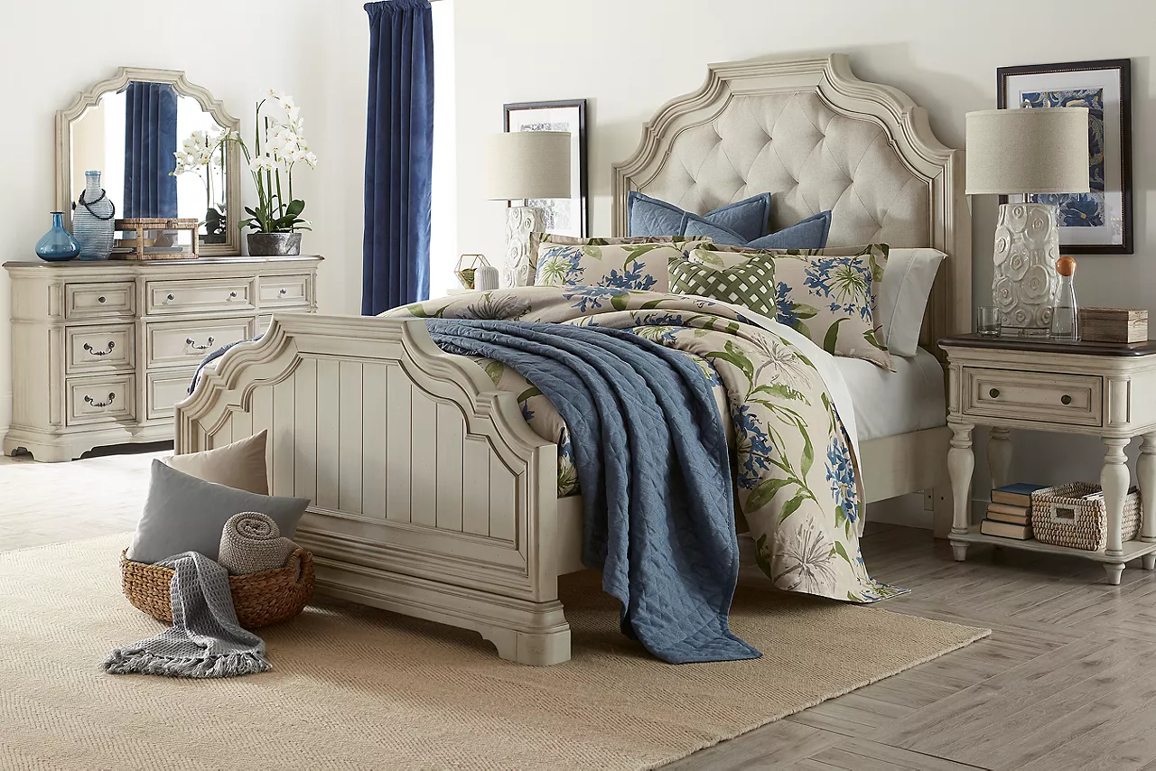 Veranda Bed, Leg Nightstand, and Dresser with Mirror in a room scene.